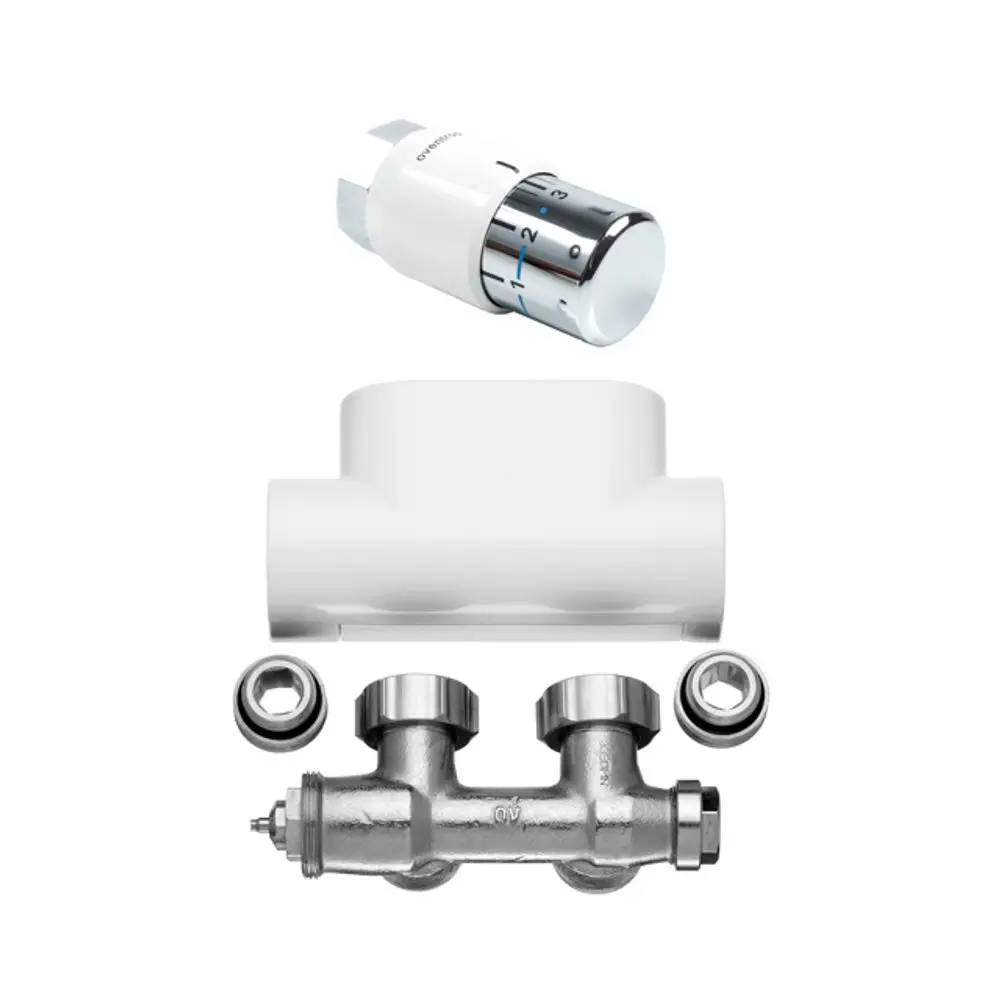 Produktbild: Kermi Ventilhahnblock-Kombiset Eckform, in DB 703, ZV03090003. Heizkörperanschlussgarnitur in Eckform, Thermostatkopf und Ventilkörper.